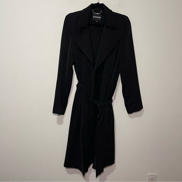 Express Women’s Black Long Belted Trench Coat Jacket Size S Lightweight Classic - Picture 1 of 9